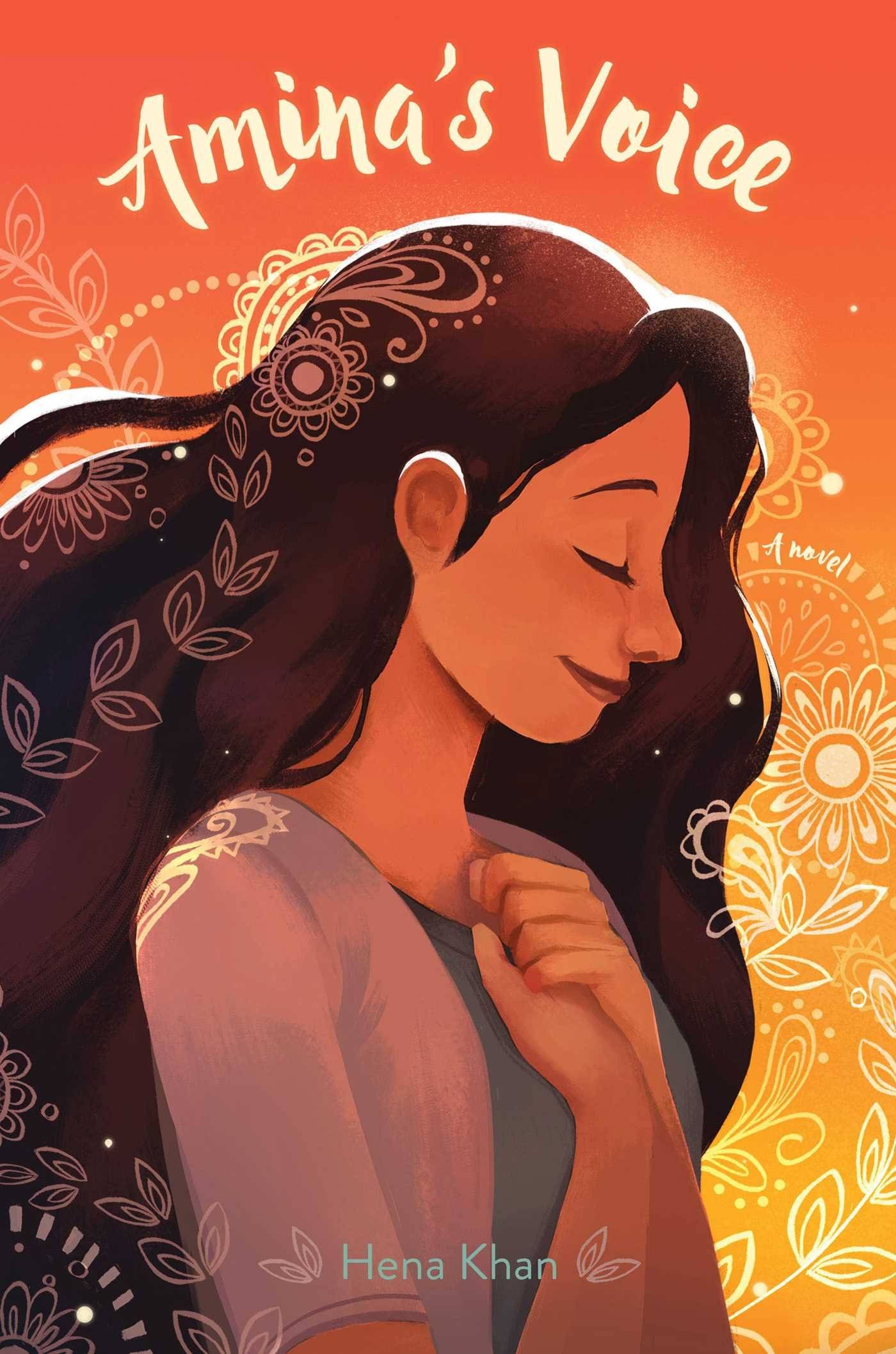 Illustrated book cover of "Amina's Voice" featuring the side profile of Amina holding her hands to her heart.